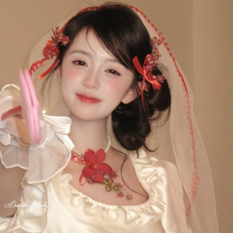 新款新娘求婚登记订婚领证酒红色蝴蝶结卷边网红领证拍照超仙头纱