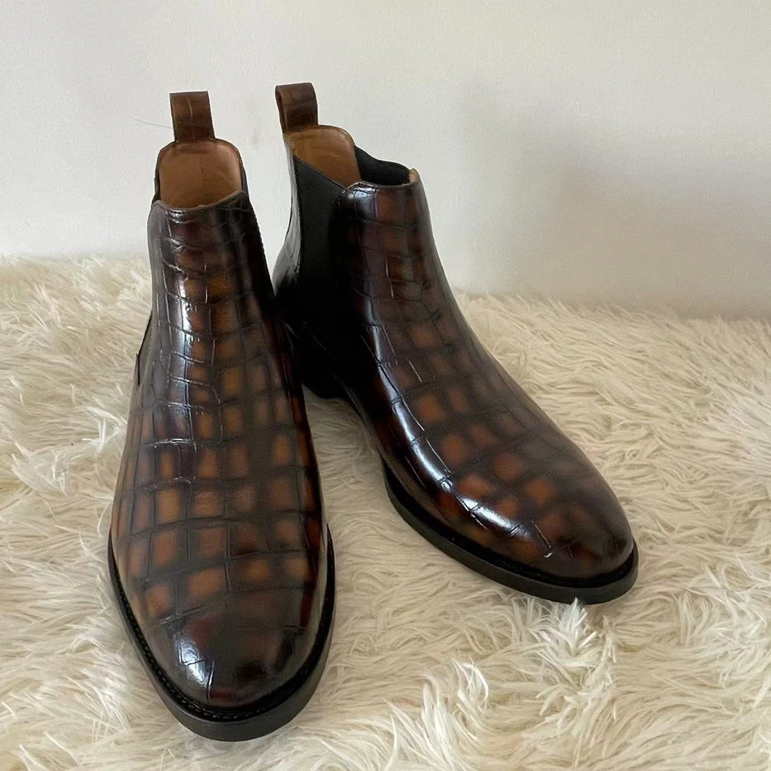 （厂）鳄全鳄鱼皮高端私人订制男靴时尚英伦牛皮固特异尖头男切尔西