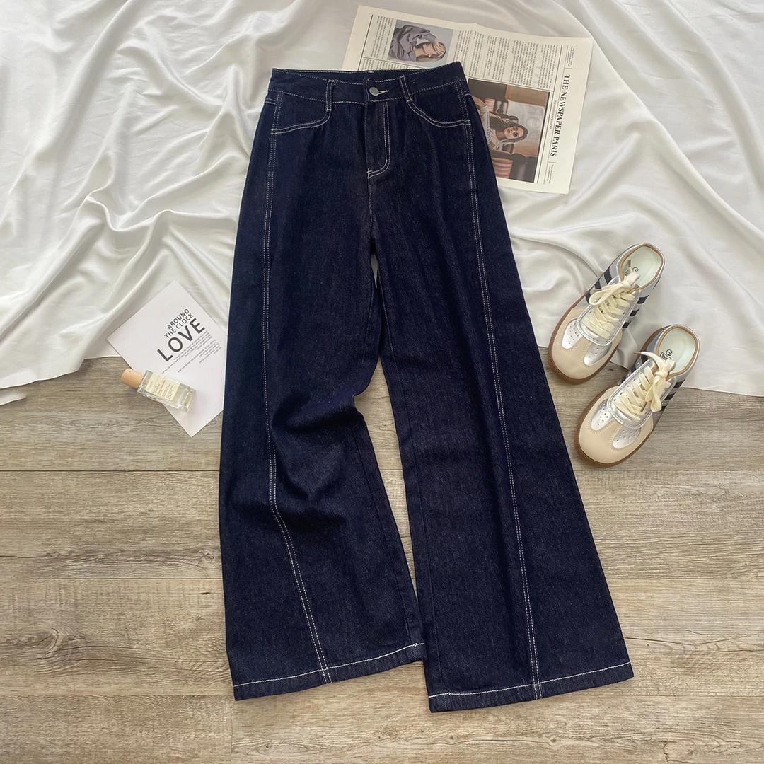 丹宁蓝直筒牛仔裤女2025年秋季新款高腰显瘦宽松小个子垂感阔腿裤
