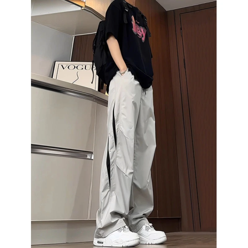 浅灰色速干冲锋裤男款夏季拼接设计感网眼透气裤子美式直筒工装裤