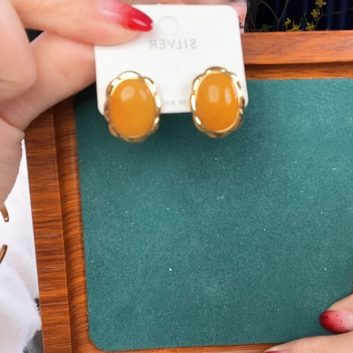 蜜蜡耳饰银S925镶嵌耳钉