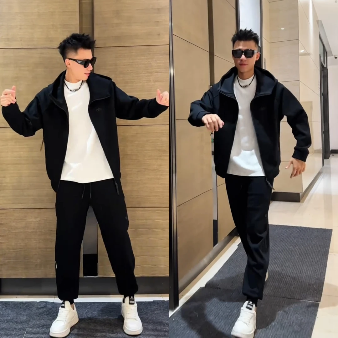 春秋新款空气层潮牌运动套装男时尚帅气宽松连帽卫衣束脚裤两件套