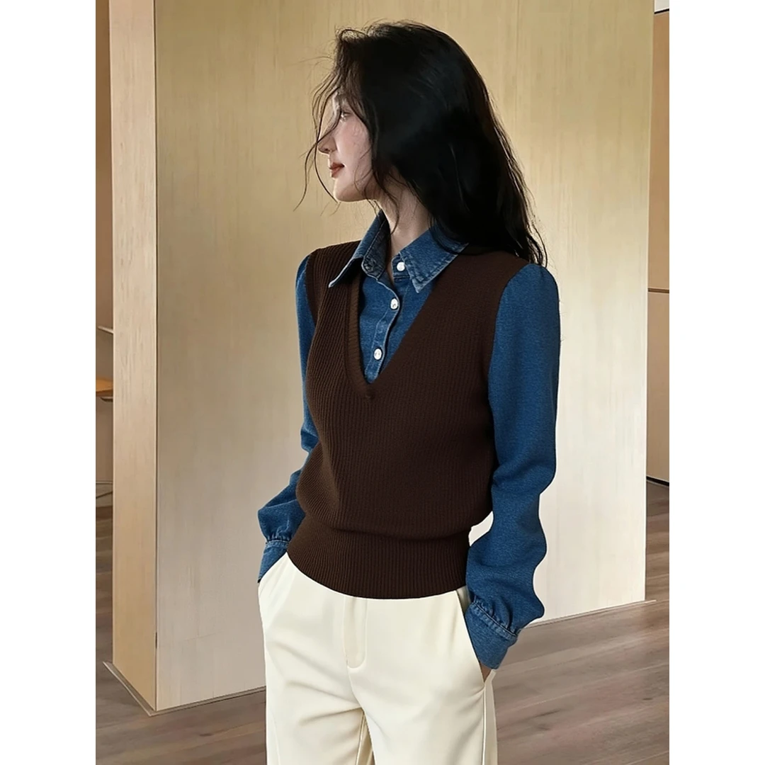 假两件咖色拼接针织衬衫女秋冬季高端时髦洋气巨好看掐腰气质上衣