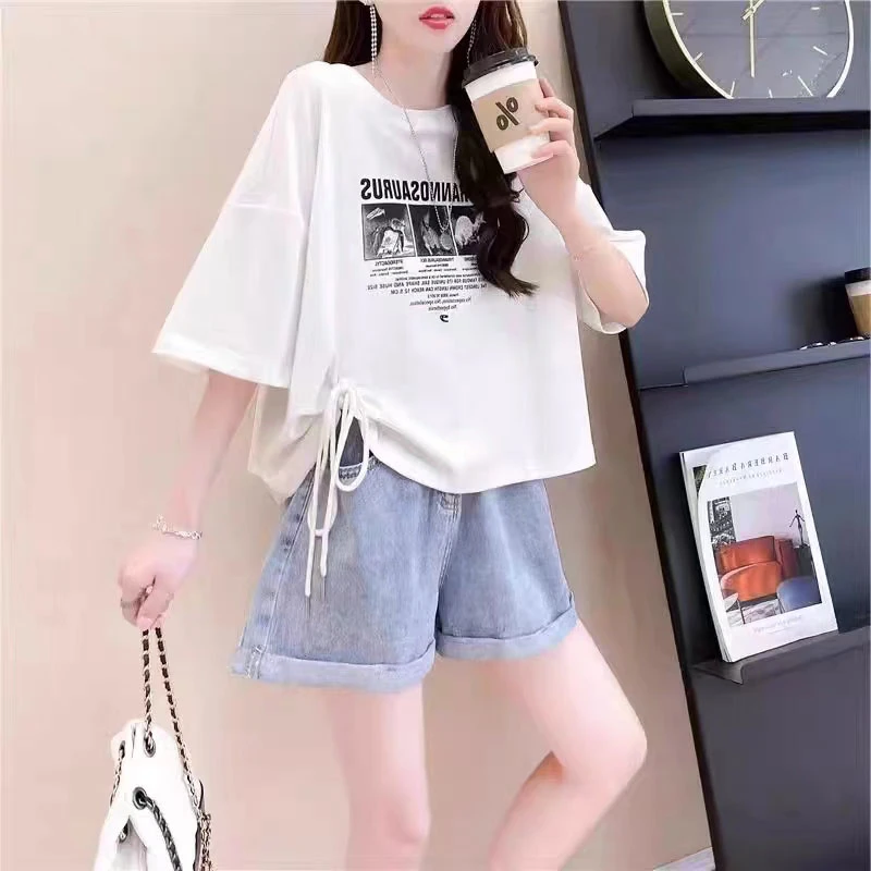 小个子短款纯棉抽绳短袖t恤女2025款夏季韩版宽松百搭洋气上衣服