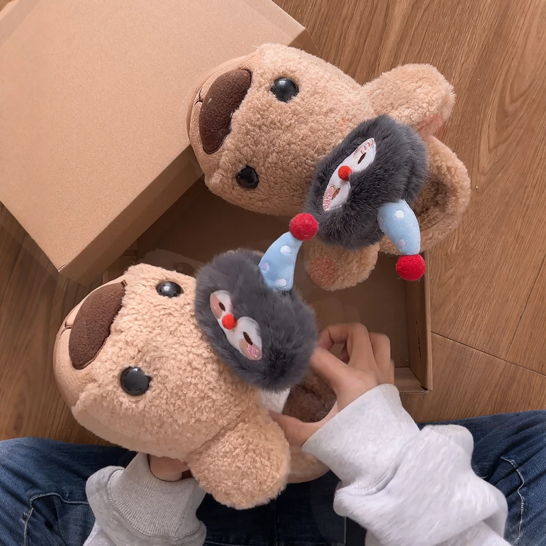 甜美卡通小熊厚底毛毛拖鞋女外穿2025新款秋冬季百搭居家保暖棉拖