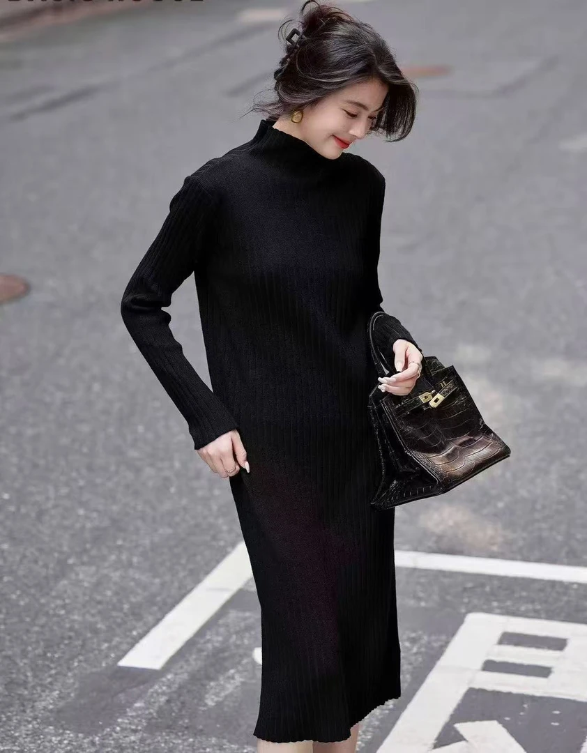 【K152】女#黑色休闲百搭中长款针织连衣裙