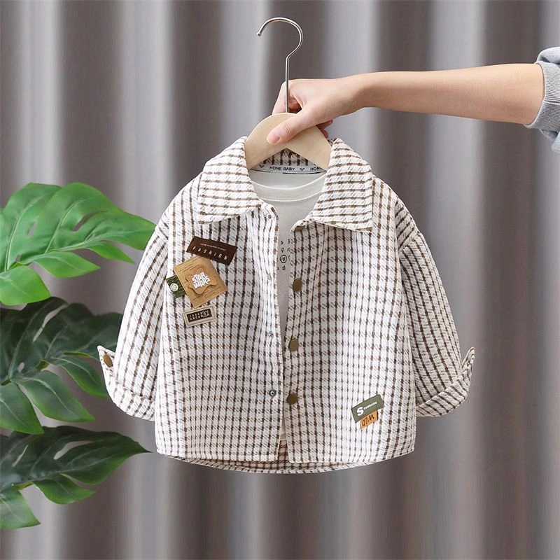 FAVMARTHA男童春装长袖上衣儿童宝宝韩版春秋款格子衬衫外套中小