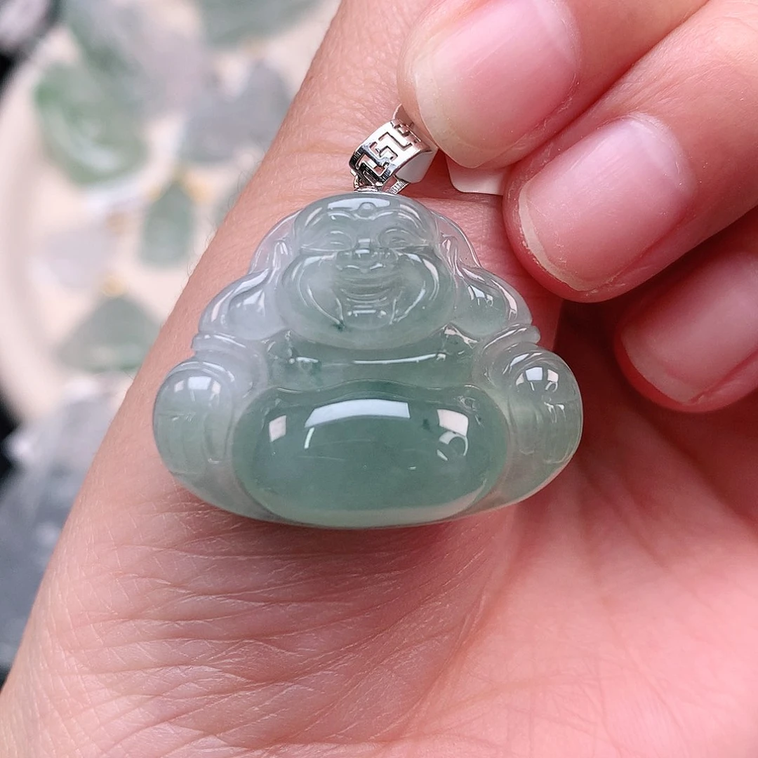 翡翠18K金镶嵌颈饰冰晴飘彩佛23.3，30，7