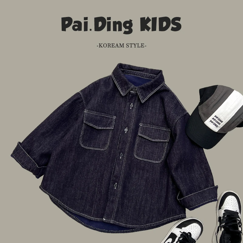 【Umi现货】冬装儿童韩版复古牛仔长袖加绒翻领衬衫外套SJ4551