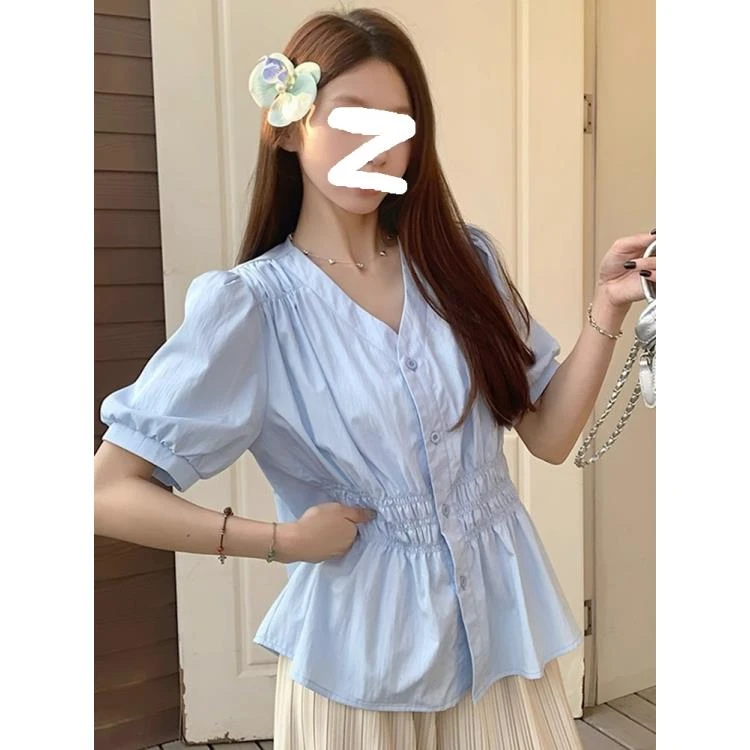 法式v领短袖衬衫女夏装2025年夏季新款洋气百搭显瘦开衫上衣5115#