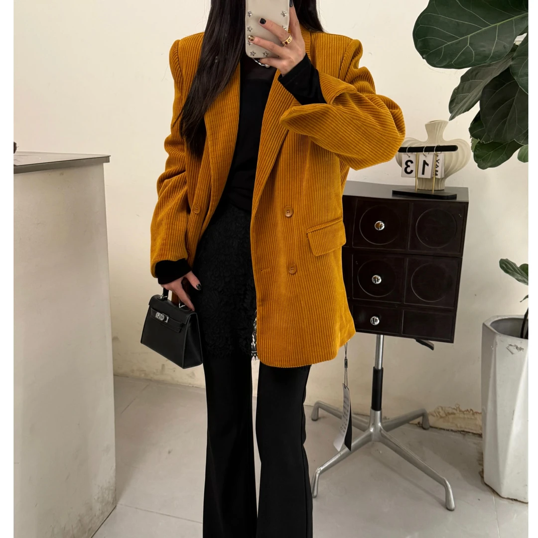 韩版东大门翻领灯芯绒加棉休闲气质百搭西装外套