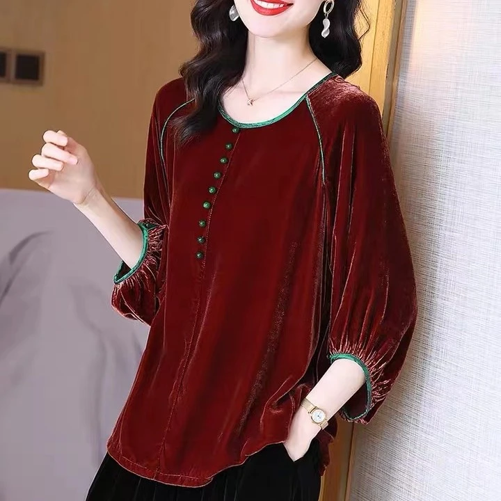 12580樱美嘉宽松时尚百搭撞色桑蚕丝丝绒灯笼袖上衣