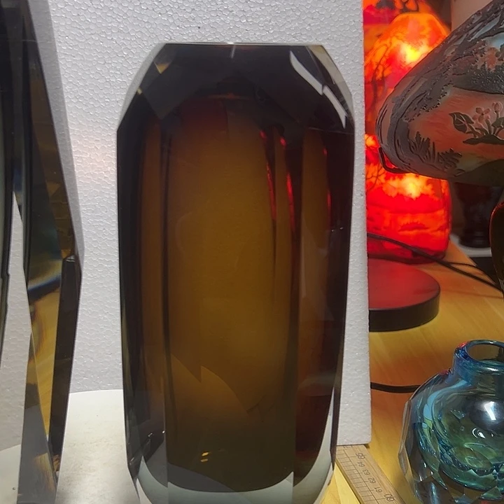 欧***琴琉璃手工艺品咖色切割面花瓶花器高23口4