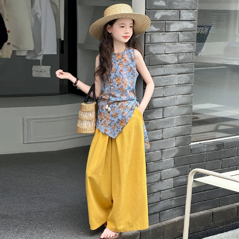 女童无袖碎花套装2025夏季新款女大童韩系不规则上衣阔腿裤两件套