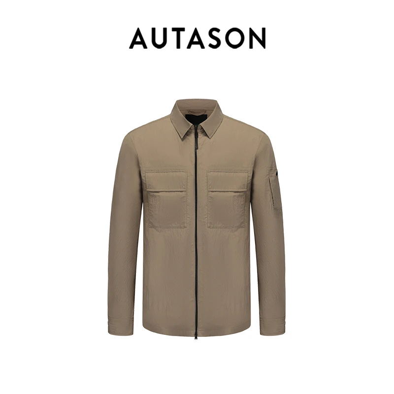 AUTASON奥德臣春季杏色翻领拉链款男士微皱夹克