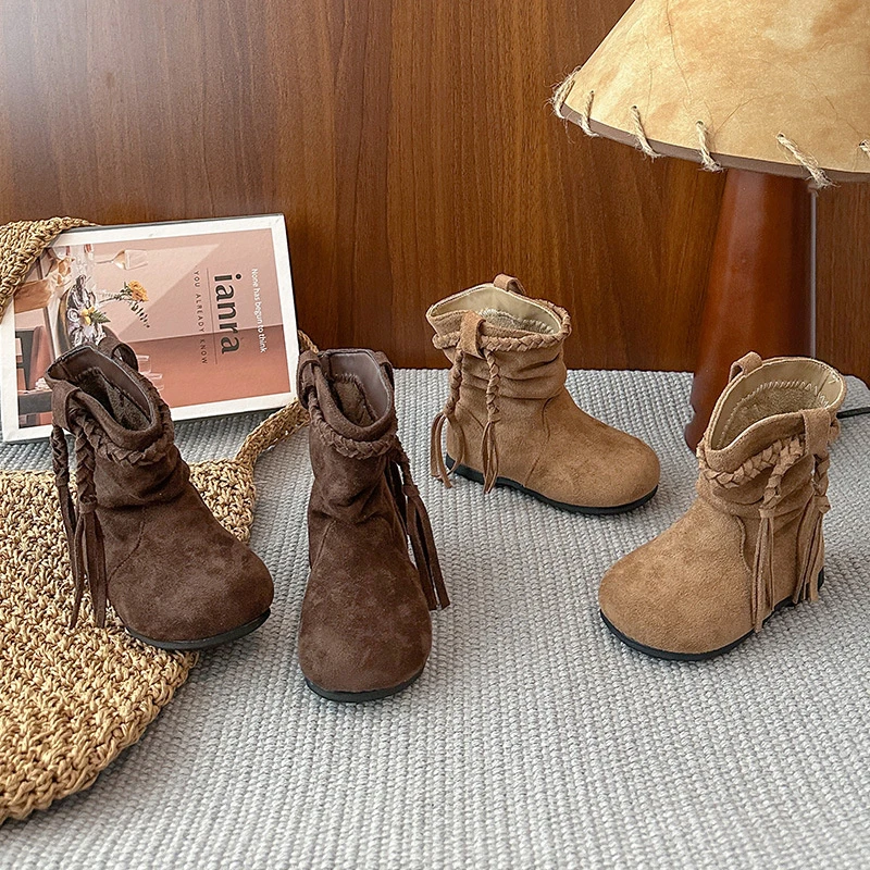 百搭真皮复古时尚英伦风秋冬加绒马丁靴女童中筒时装靴韩版流苏内