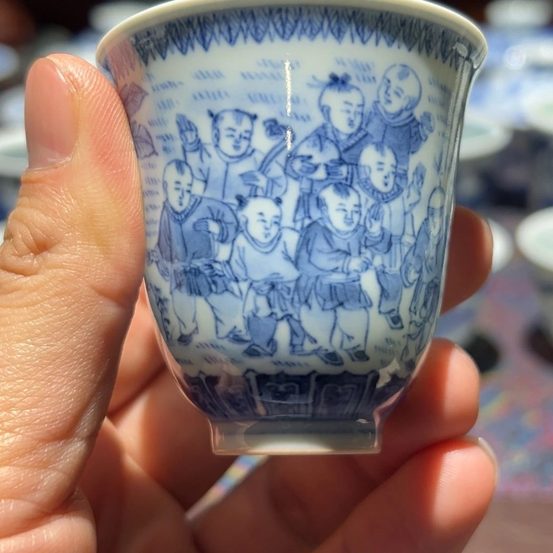 杯青花十子闹春图铃铛杯闻香杯