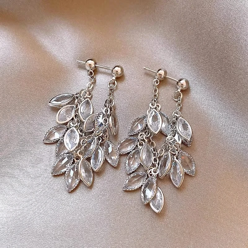 铜合金耳饰 银色满钻流苏耳环女气质链条耳钉方圆耳饰2025新款潮