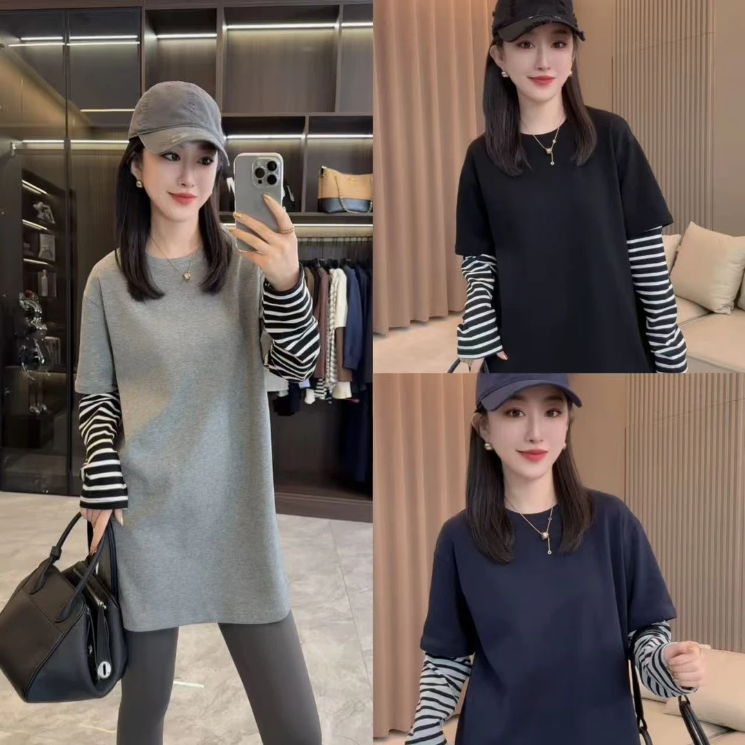 【丽丽家】秋季新款休闲条纹袖净版T恤大衫