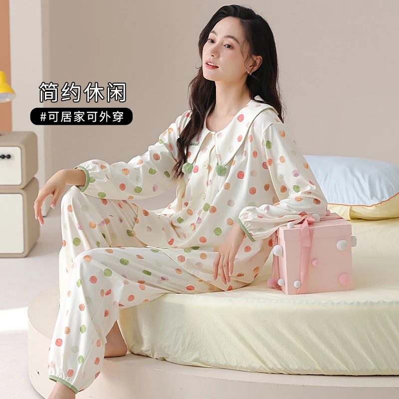 ROUSHAN/柔善秋季新款睡衣女士波点印花长袖休闲家居服套装#2451