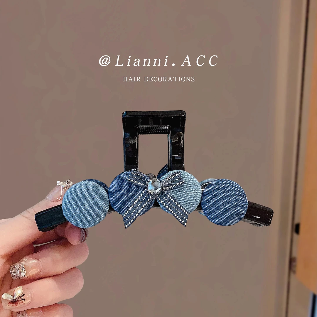 复古网红日韩抓夹精致牛仔蝴蝶结大抓夹后脑勺盘发鲨鱼夹子发饰女