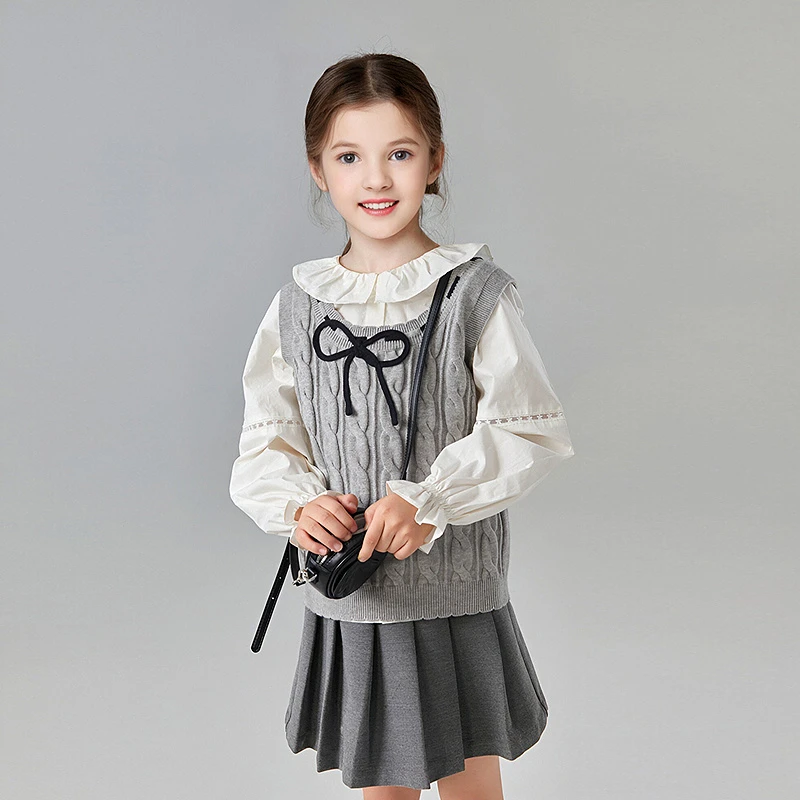 DEESHA/笛莎25春中大童春装套装蝴蝶结衬衫毛衫两件套-93251T305