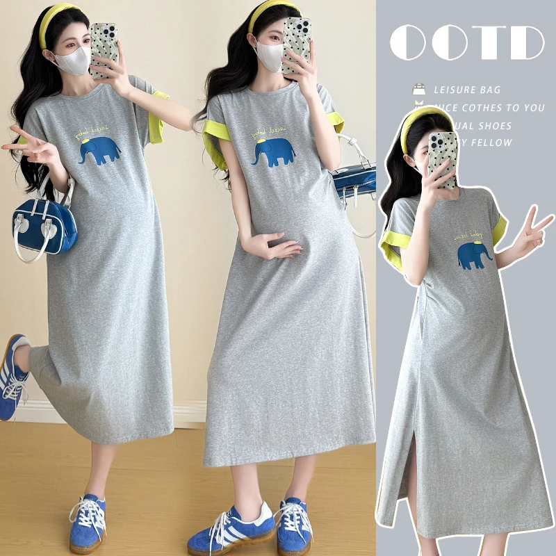 【酥酥】2025夏季新品韩版减龄修腰洋气飞飞袖开叉孕妇连衣裙夏天