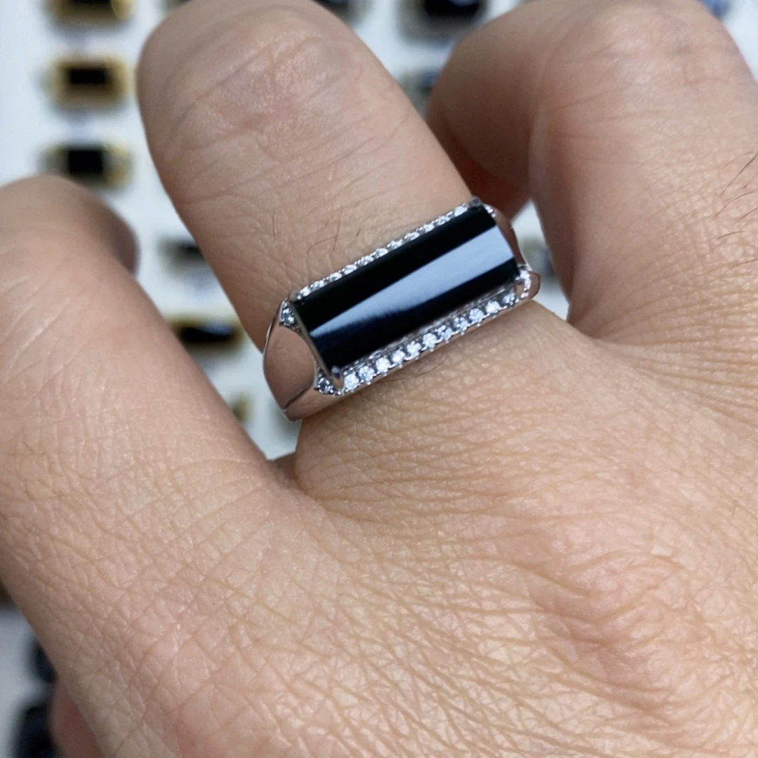 翡翠银S925镶嵌戒指墨翠戒指