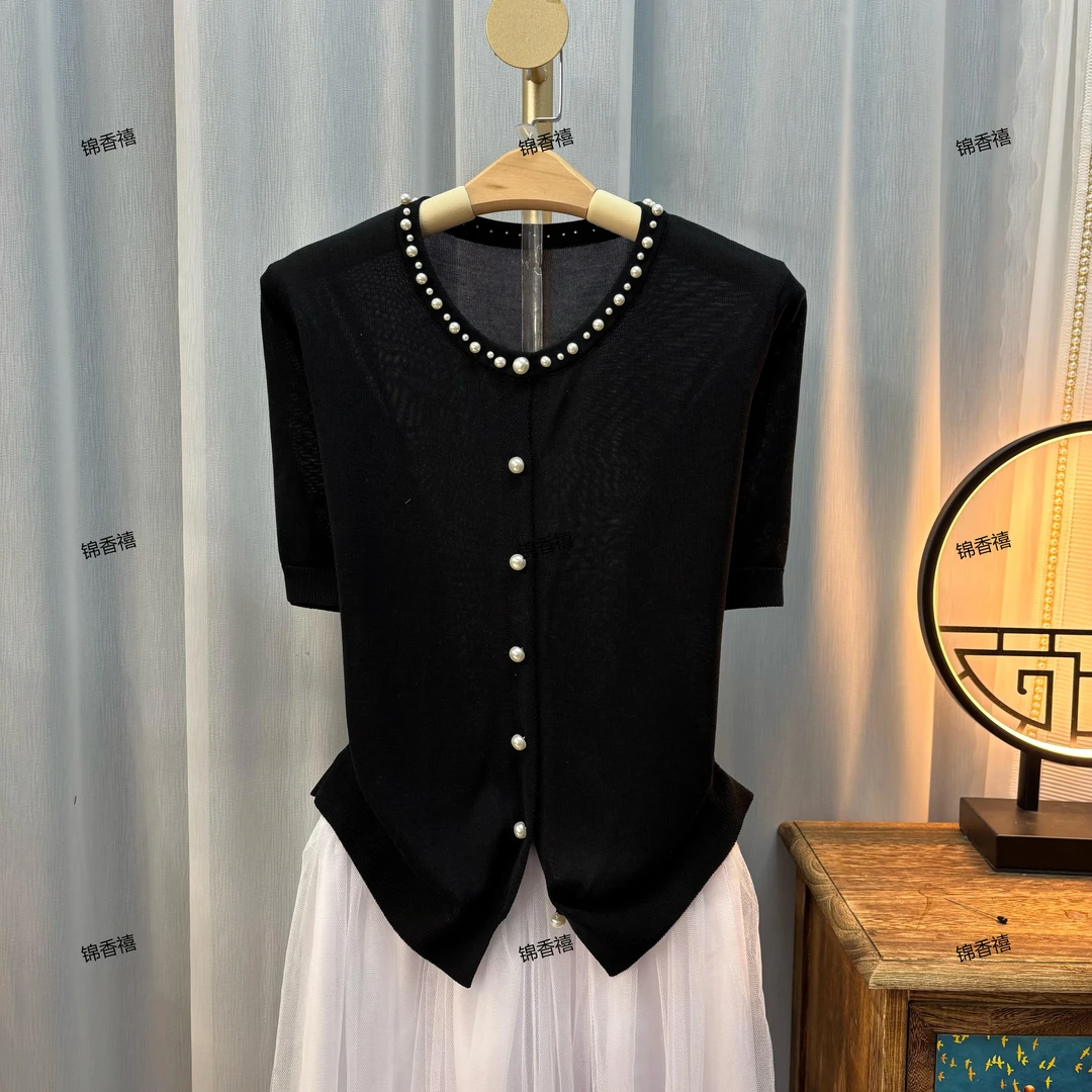 【S77-星辰之梦-黑色】短袖针织开衫女2025年夏季新款设计感上衣