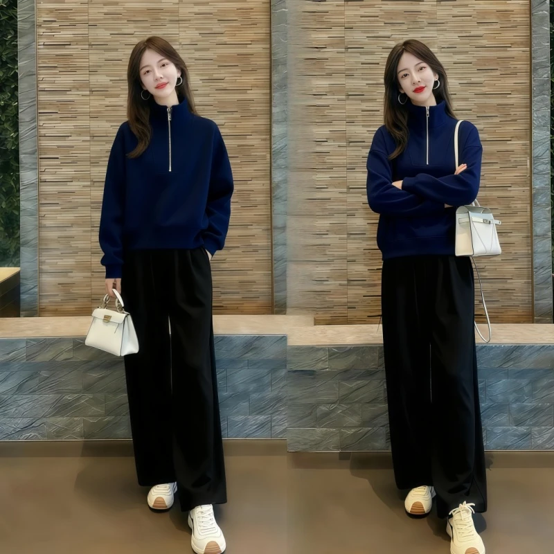 高含棉秋冬季休闲运动套装立领卫衣外套遮肉阔腿裤洋气显瘦一整套