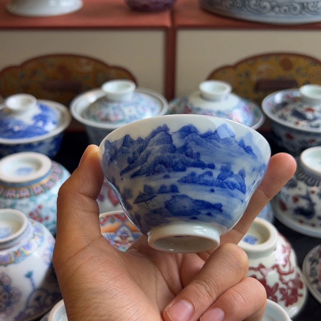 柴窑山水手绘葫芦杯