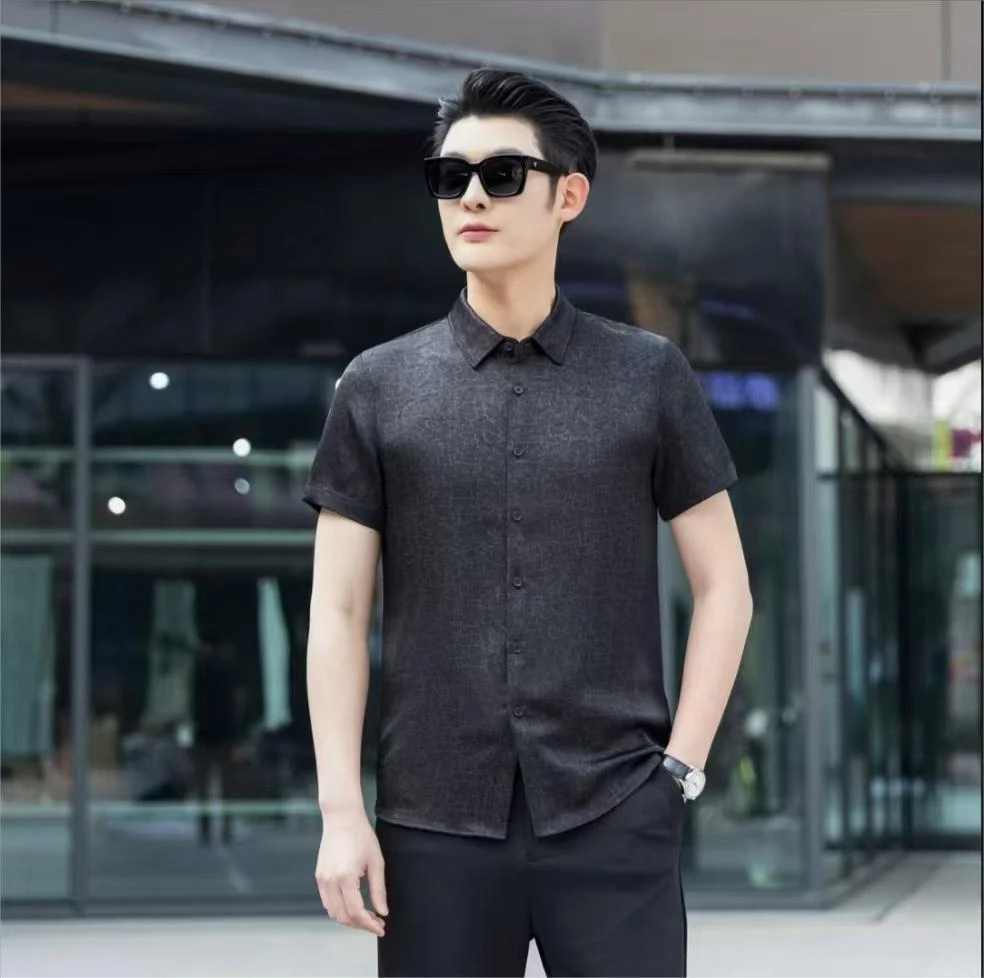 LC01新款男士夏季时尚印花真丝衬衣百搭休闲翻领衬衫男