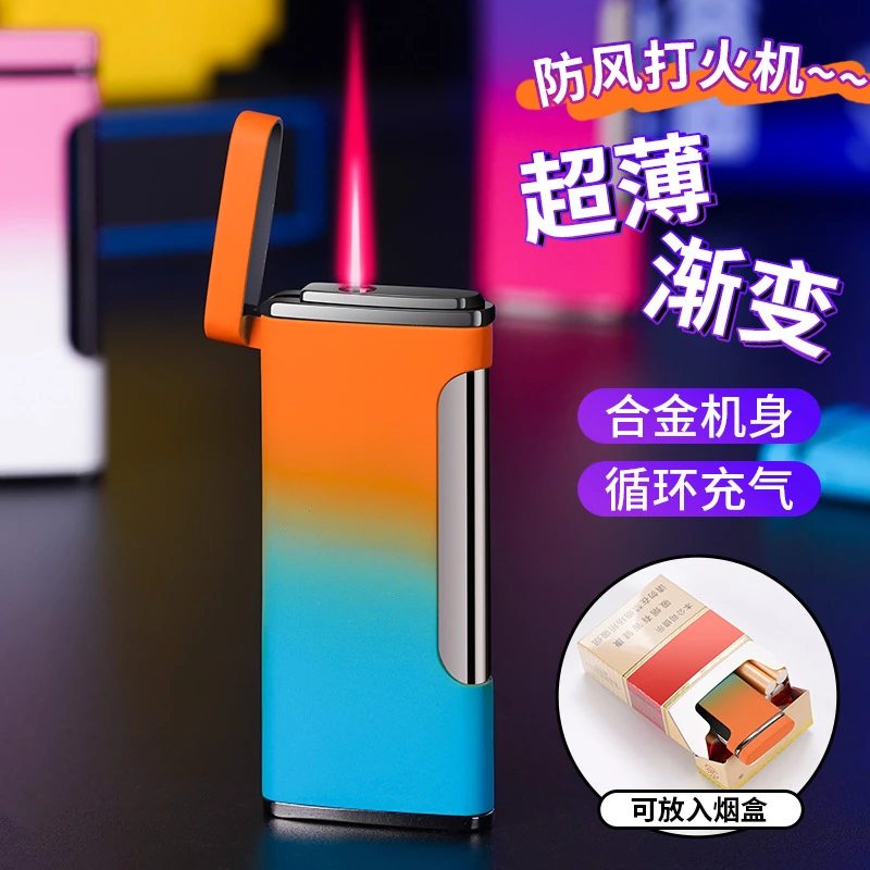 新款渐变色高颜值纤薄便携直冲充气打火机随身带高档防风打火机
