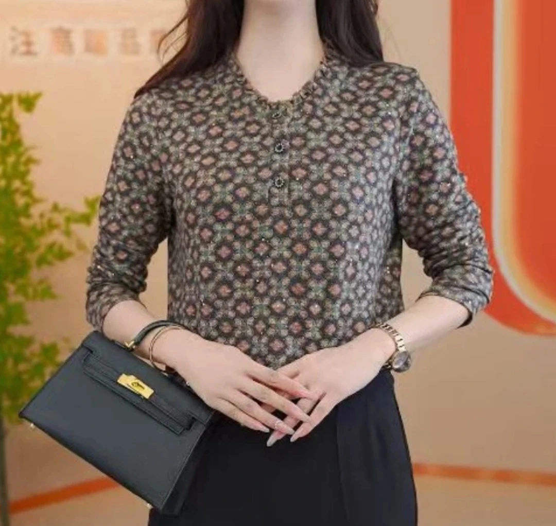秋季木耳领薄款弹力印花针织衬衫女长袖中年妈妈大码时尚打底上衣