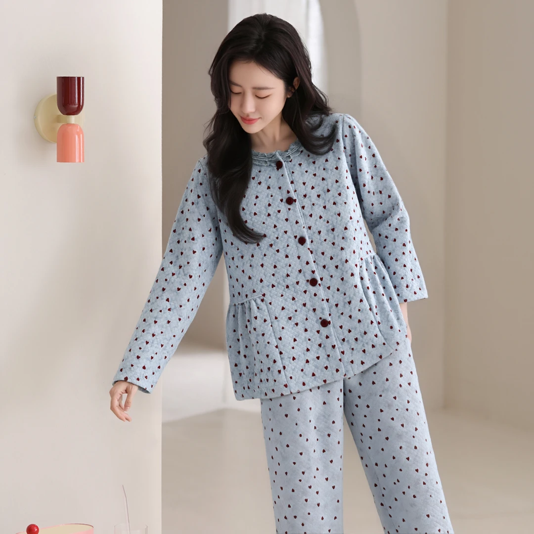 芬腾睡衣女款新款空气层夹棉秋冬季圆领长袖长裤可外穿家居服套装
