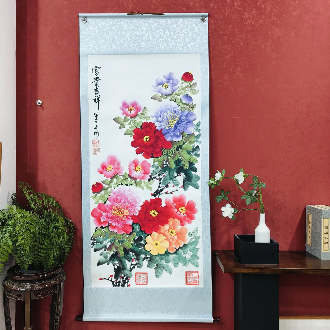 田广杰：《富贵吉祥》千层牡丹70*170厘米手绘国画作品卷轴软裱无框