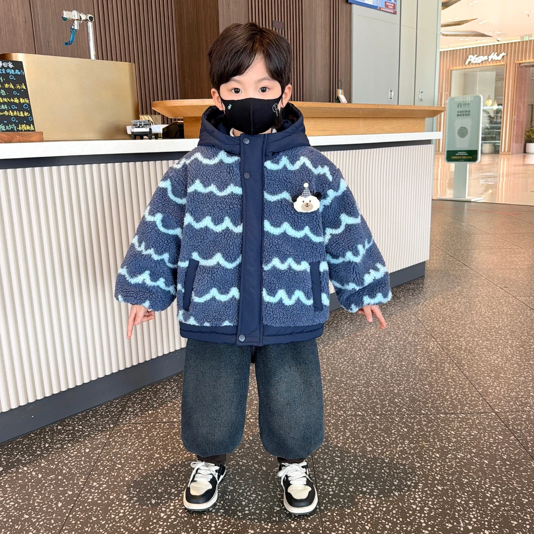 儿童冬季毛毛衣2025新款男童冬装加绒加厚外套男孩宝宝时髦小棉袄