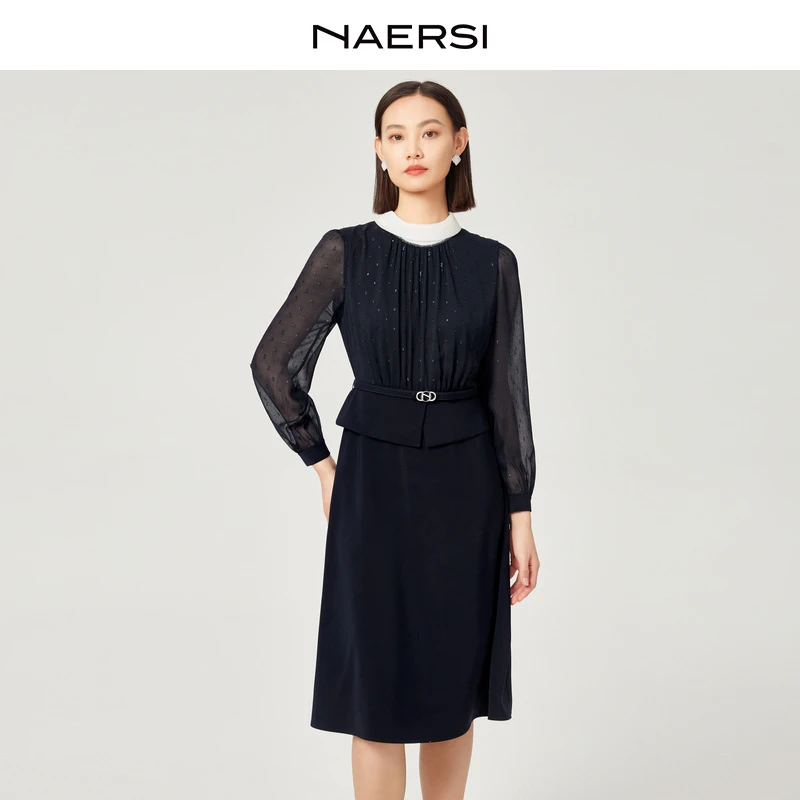 【商场同款】娜尔思25时尚优雅气质长袖连衣裙NF10550Q7(配腰带)