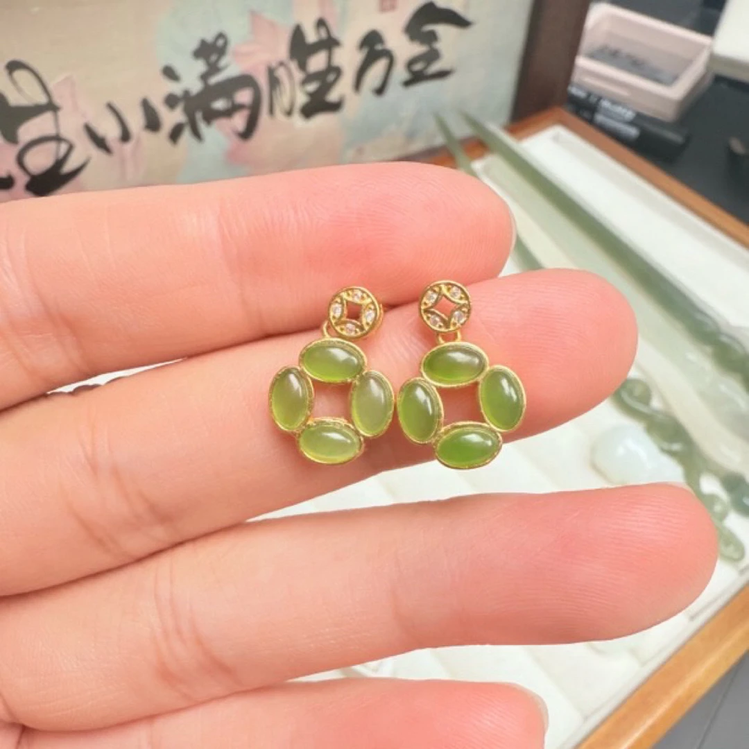 和田玉碧玉铜钱耳钉S925银镶