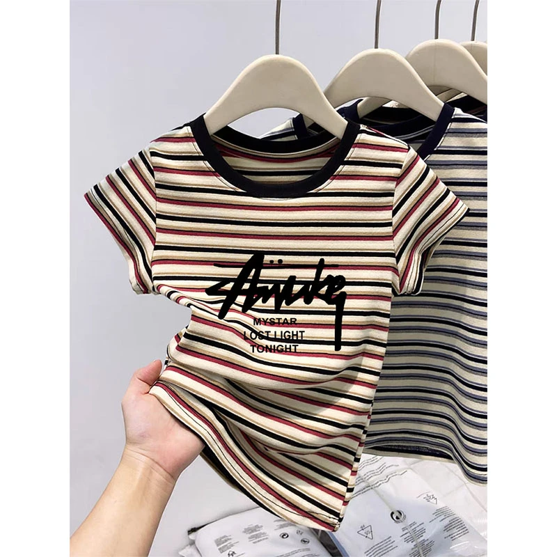 正肩圆领条纹拼色短袖t恤女装时尚百搭洋气减龄上衣夏季2025新款