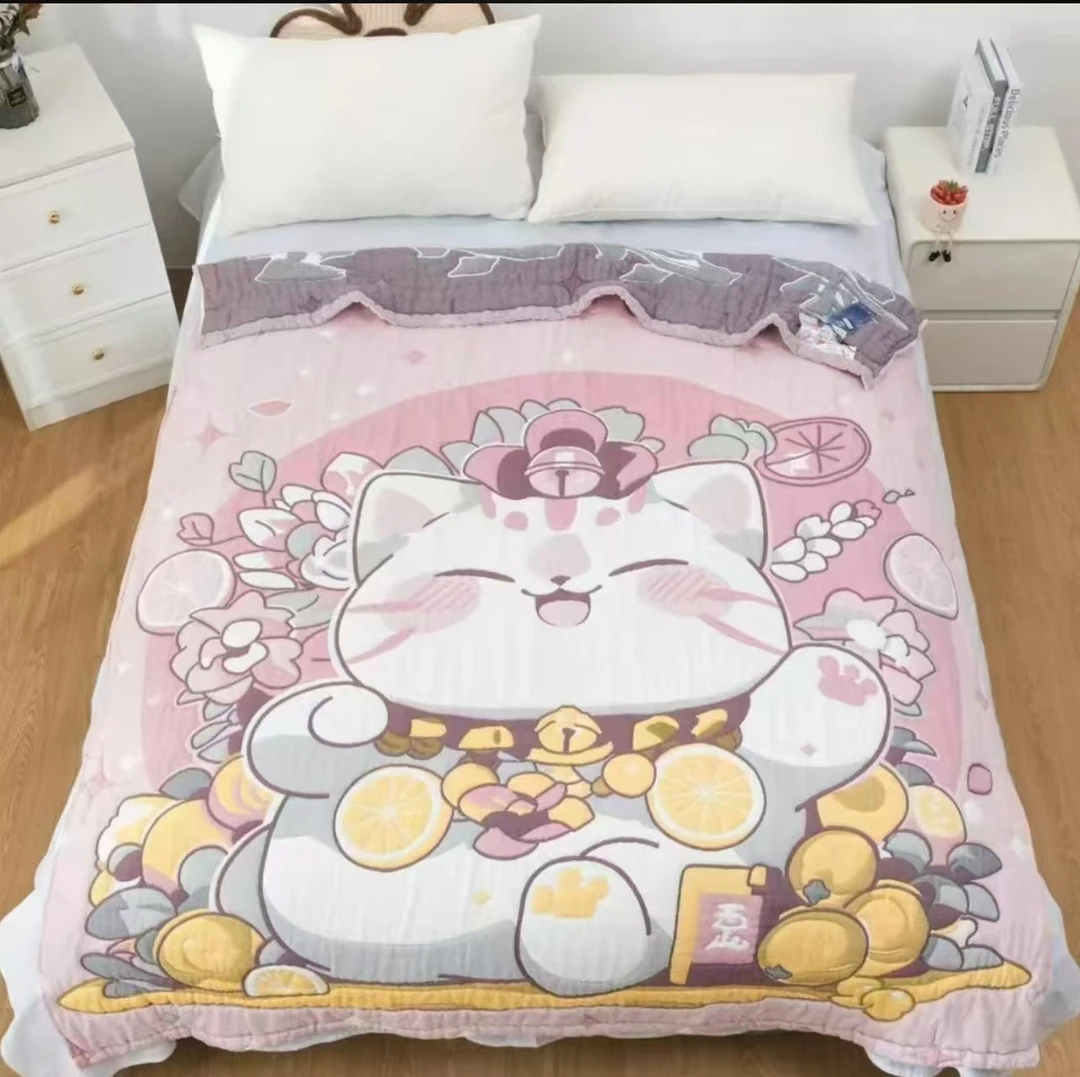 【招财猫】150X200色织双层纱棉被纯棉柔软透气亲肤泡芙被