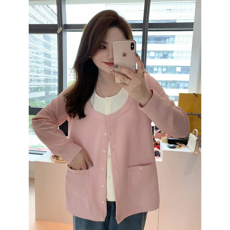 【胖佳佳】匿名颂诗 假两件针织衫时尚撞色拼接上衣女H624S13785