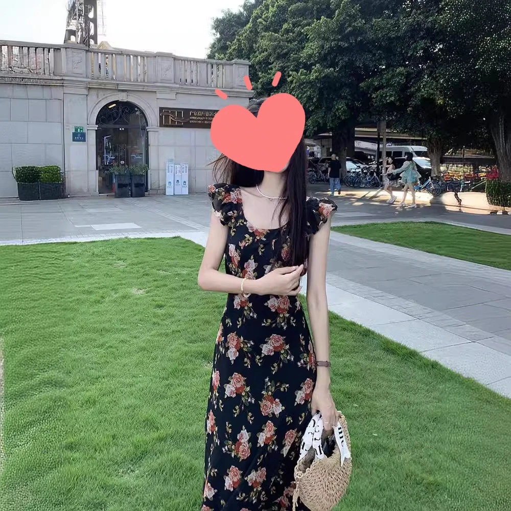 OLOIU法式复古碎花连衣裙女夏季2025新款飞飞袖设计感收腰显瘦A字