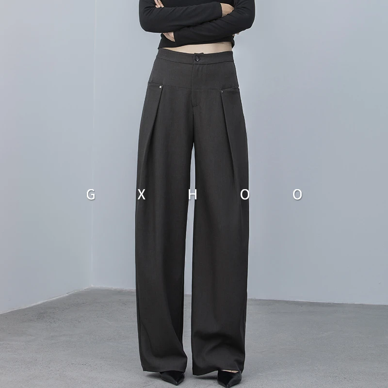 GXHOO直筒休闲裤女裤春秋新款宽松阔腿裤女褶皱气质设计感长裤子