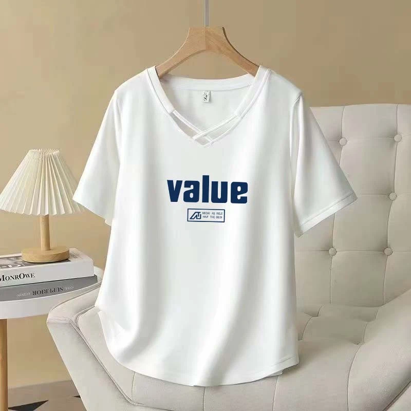 纯棉V领宽松印花短袖T恤夏季新款女小众设计感休闲纯棉上衣体恤潮