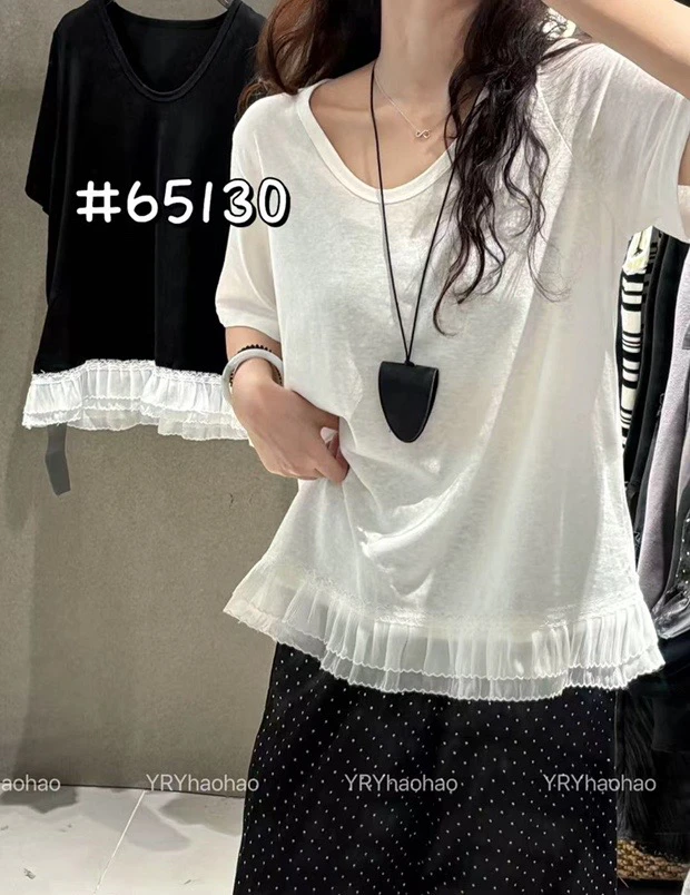 (晓晓家)夏季U领拼接透气蕾丝花边宽松百搭棉T恤