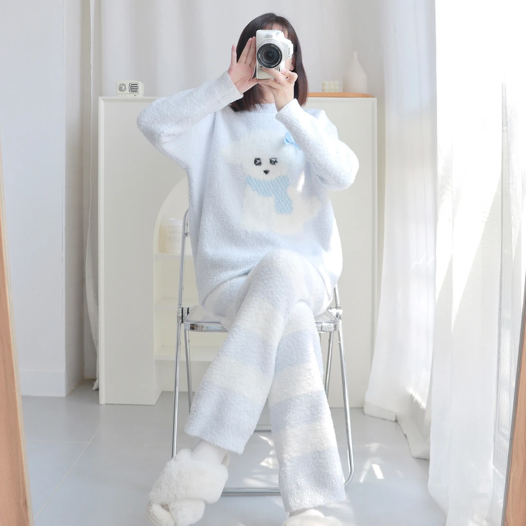 2025秋冬新款软糯亲肤半边绒睡衣女可爱比熊休闲简约家居服两件套