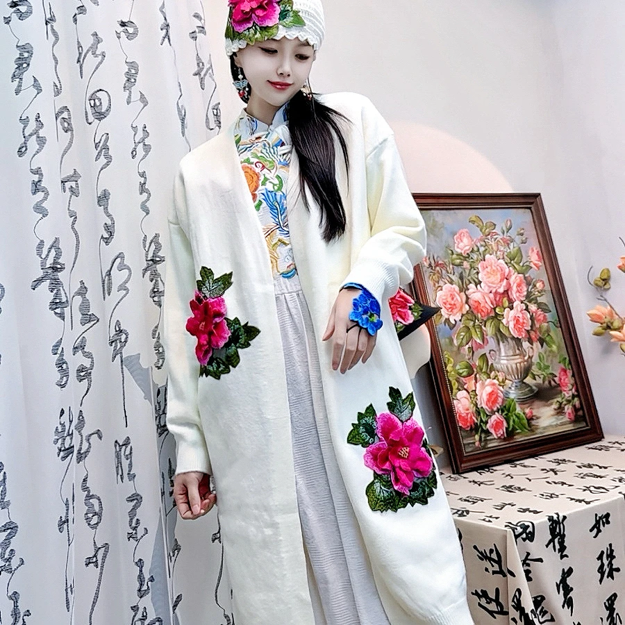 毛衣外套女民族风开衫宽松慵懒风上衣文艺刺绣中长款外搭毛针织衫