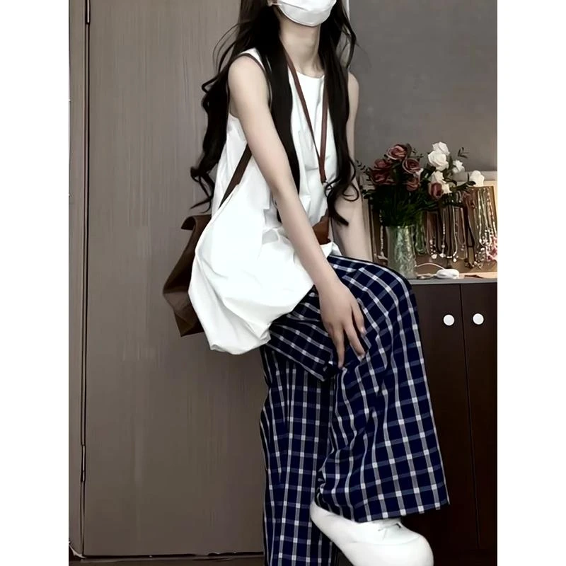 2025夏季新款韩系穿搭修身圆领花苞无袖上衣气质高腰格纹阔腿长裤