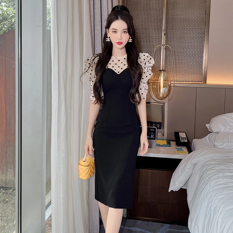 10065气质修身名媛泡泡袖法式收腰时尚包臀职业女神范轻熟连衣裙